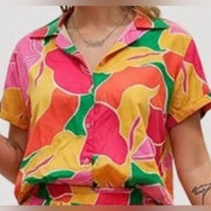 NWT - Allie Rose - Tropical Orange Floral Satin Shirt - Woman's Small
